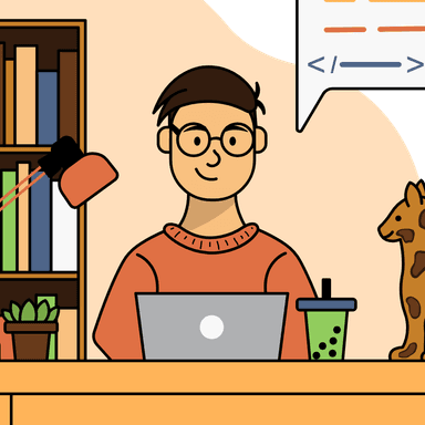 A young man at a desk. He is typing on his laptop. Besides him, is a bookshelf, and a tortoiseshell cat