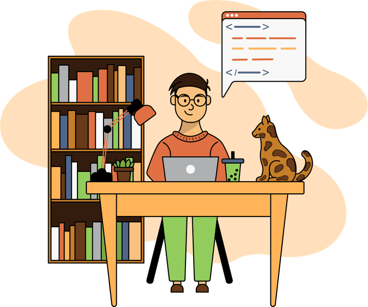A young man at a desk. He is typing on his laptop. Besides him, is a bookshelf, and a tortoiseshell cat